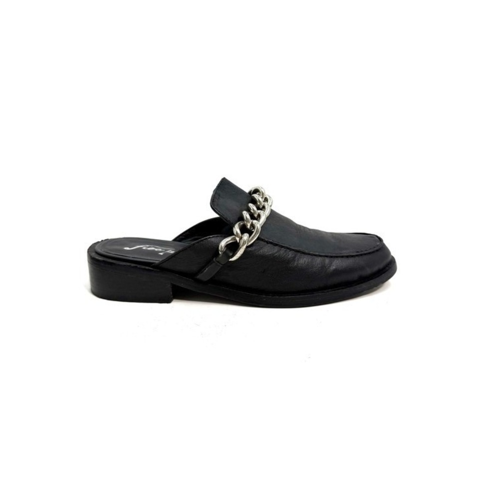 Free People | Silver Chain Link Mules Black Leather Slip On Loafers Size 37